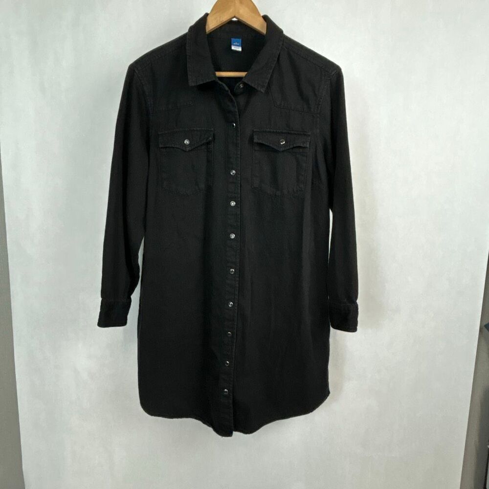 Denim Mini Shirt Dress Sz Large Petite Snap Button Long Sleeve Old Navy Black